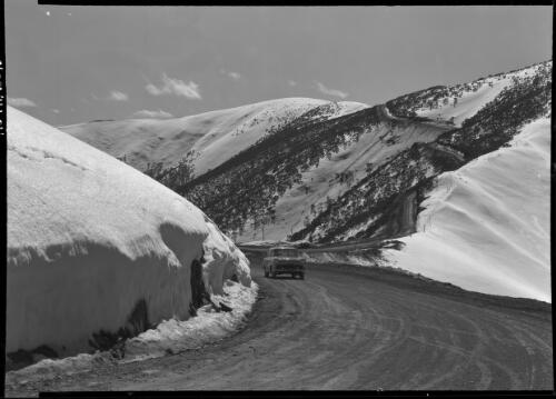 [Car driving along road through hills, 1] [picture] / [Frank Hurley]