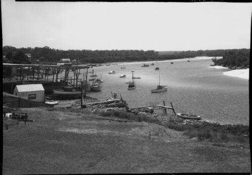 [Boats moored along the banks of a river] [picture] / [Frank Hurley]