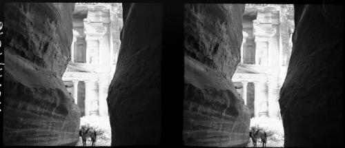 [El Khazna, Petra, with gorge on either side and a horse] [picture] : [Jordan, World War II] / [Frank Hurley]