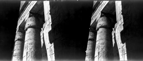 Luxor scenes in the Ramesseum, the mortuary Temple of Rameses 2nd [close-up of columns with relief carving] [picture] : [Egypt, World War II] / [Frank Hurley]