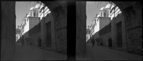 Scenes in Via Dolorosa [donkey loaded with sacks is lead up the road by its master] [picture] / [Frank Hurley]