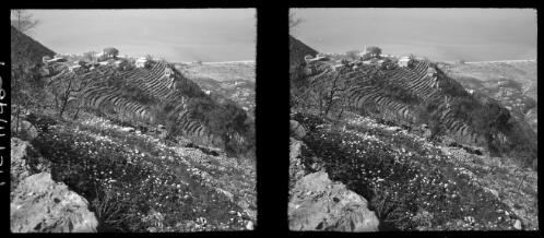 Village of Ghosta showing soil conservation by terracing   [the hills slope down to the right of the photograph, Bay of Jounieh] [picture] : [Lebanon, World War II] / [Frank Hurley]