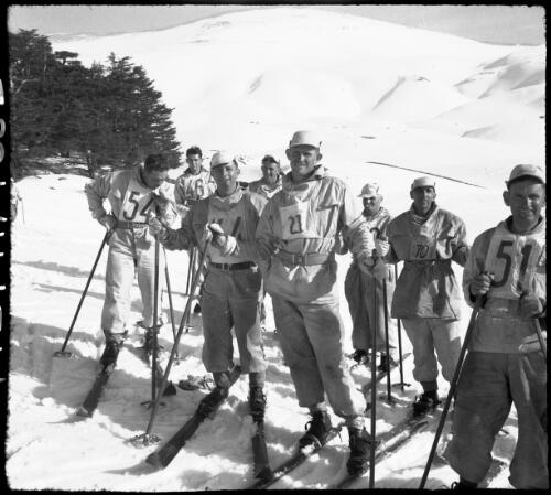 On the snow playground of the Lebanons, at the Cedars [group of AIF skiers] [picture] : [Lebanon, World War II] / [Frank Hurley]