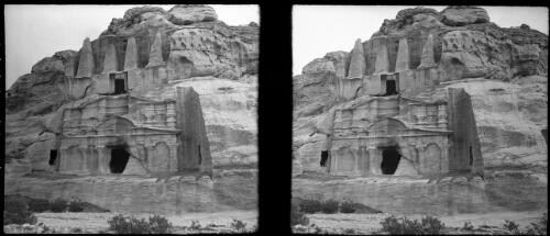 Tomb or temple with obelisk near the entrance to valley of Petra [picture] : [Jordan, World War II] / [Frank Hurley]