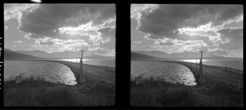 [Hobart Bridge over the Derwent River, with a sign 'No swimming or bathing within a 100 yards of the bridge', ca. 1938-1947] [picture] : [Hobart, Tasmania] / [Frank Hurley]
