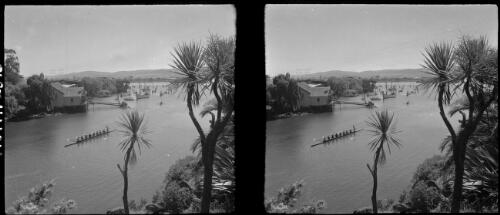 [Rowing boats, rowers, yachts, water, boatshed ca. 1938-1947] [picture] : [Tasmania] / [Frank Hurley]