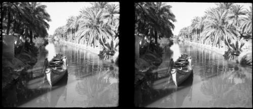 Scenes at Basra [a canoe in a canal lined with date palms, 1944] [picture] : [Iraq, World War II] / [Frank Hurley]