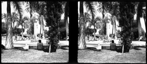 Glimpse in Pharaonic Garden Cairo, on far side Ismail Pasha Bdg [trees, benches, paths and figures] [picture] : [Cairo, Egypt, World War II] / [Frank Hurley]