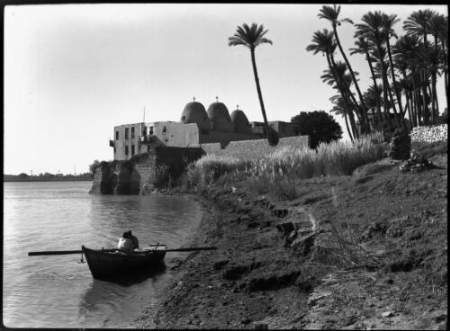 A Coptic monastery on the banks of the Nile near Maadi Cairo [with boat and figure] [picture] : [Cairo, Egypt, World War II] / [Frank Hurley]