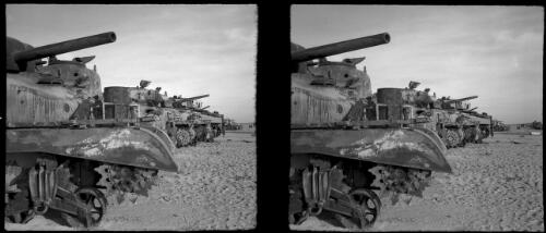 Tanks knocked out in battle [Sherman tanks] [picture] : [Cairo, Egypt, World War II] / [Frank Hurley]