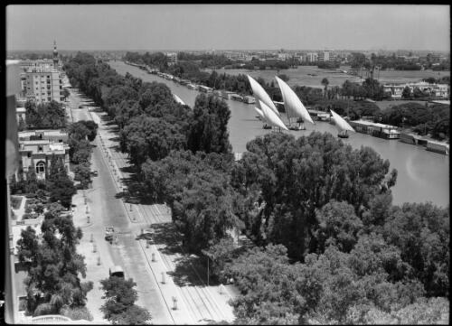 [Feluccas on the Nile or a big canal, and trees along a road, Cairo] [picture] : [Cairo, Egypt, World War II] / [Frank Hurley]