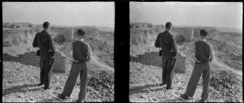Pyramids of Gizeh & also negative Toura in the Mokattam Hills near Meadi [with two figures] [picture] : [Egypt, World War II] / [Frank Hurley]
