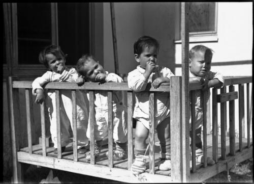 Typical Nt Palestine Jewish community village [four infants in a cot] [picture] / [Frank Hurley]