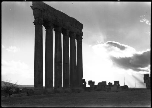 Sunset, columns of Temple of Jupiter [Baalbek] [picture] : [Lebanon, World War II] / [Frank Hurley]