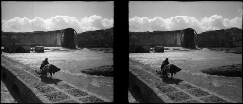 Hama Central Syria [distant view of Hama, showing a waterwheel and its arched aqueduct carrying water for irrigation, man with donkey in foreground] [picture] : [Syria, World War II] / [Frank Hurley]