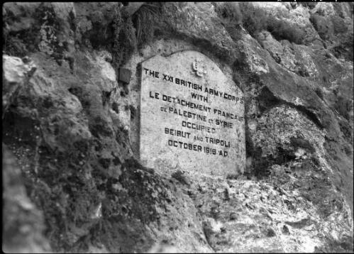 Wady-El-Kalb (Dog R) [inscription on tablet reads: The XXI British Army Corps with Le Detachment Francais de Palestine et Syrie occupied Beirut and Tripoli October 1919 AD] [picture] / [Frank Hurley]