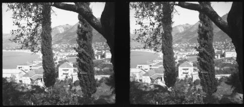 Stereos taken around the lovely villages of Juni [view of village through two poplar trees, World War II] [picture] / [Frank Hurley]