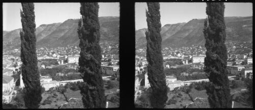 Stereos taken around the lovely villages of Juni [two poplar trees, the village and mountains in the background, World War II] [picture] / [Frank Hurley]