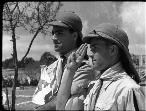 Arab Scouts, types from all Arab countries [saluting boy scout and leader] [picture] / [Frank Hurley]