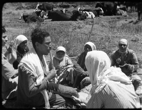 Huleh [Palestine, small group of seated women listening and clapping to shepherd with flute with a herd of cattle in background, 1] [picture] / [Frank Hurley]