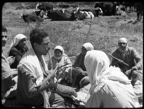 Huleh [Palestine, small group of seated women listening and clapping to shepherd with flute with a herd of cattle in background, 3] [picture] / [Frank Hurley]
