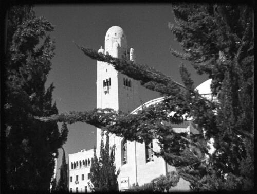 Modern streets & buildings Jerusalem [view through trees of the Jerusalem YMCA (opened 1933)] [picture] / [Frank Hurley]