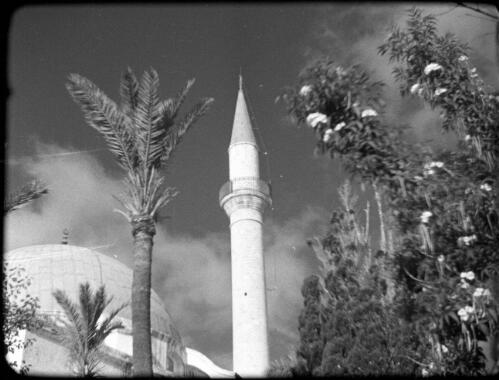 Ras Naqura, headland & Acre [minaret of the Al-Jazzar Mosque, Akko Palestine] [picture] / [Frank Hurley]