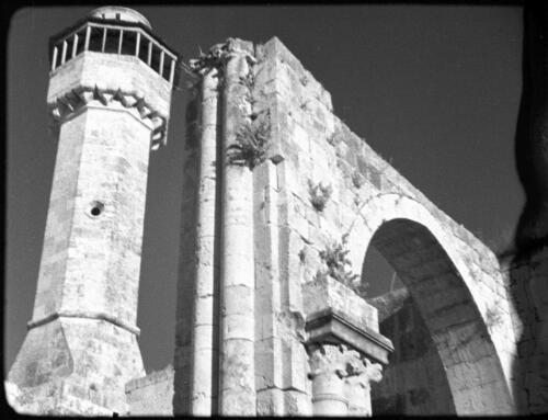 Sebaste near Nablus, also Jacobs Field [view of stone arch and tower] [picture] / [Frank Hurley]