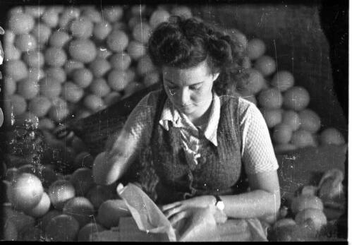 Athlit & Jewish village showing farmwork & school [woman packing oranges, 1] [picture] / [Frank Hurley]