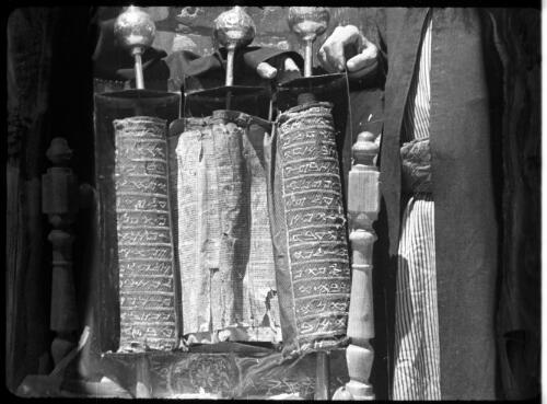 Scenes Nablus, also the Samaritans, the Sacred roll & soap making [close-up of the Samaritan Pentateuch at Nablus, 2] [picture] / [Frank Hurley]
