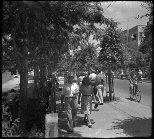 Stereos, Tel Aviv, taken 6th Aug 41 [street scene of sidewalk strollers and bicyclists, 1] [picture] / [Frank Hurley]