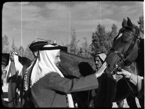 Emir [profile of man in Arab headdress and formally dressed patting a horse] [picture] : [Jordan] / [Frank Hurley]