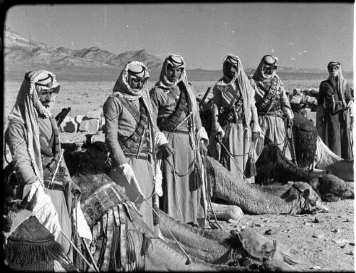 Camels, camel detachment [demounted soldiers with camels] [picture] : [Jordan] / [Frank Hurley]