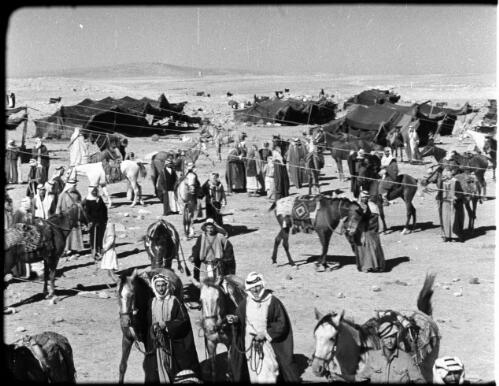 Kerak [Bedouin campsite, children, adults, horses and tents behind , 2] [picture] : [Jordan] / [Frank Hurley]