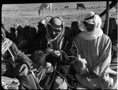 Kerak [three Bedouin adults and a child foreground, large group of seated Bedouins behind and horses and cattle in background] [picture] : [Jordan] / [Frank Hurley]