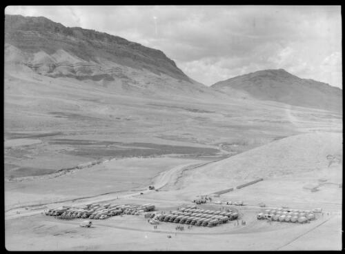 Indian troops leaving trucks at rest camp Karind Persia  [Distant view of field with rows of trucks] [picture] : [Iran, World War II] / [Frank Hurley]