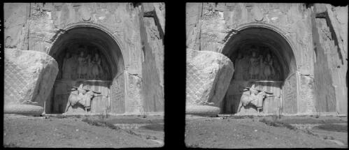 Rock sculpturings at Tak-I-Bostan near Kermanshah Persia, this grotto was sealed for Chosroes Parviz II [World War II] [picture] : [Iran] / [Frank Hurley]