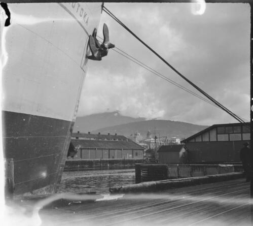 [Bow of a ship, docked at a wharf] [picture] : [Iran, World War II] / [Frank Hurley]