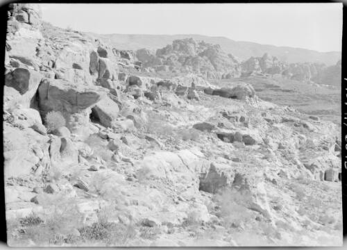 Petra [rocks, trees and shrubs foreground ca. 1940-1946] [picture] : [Petra Valley, Jordan] / [Frank Hurley]