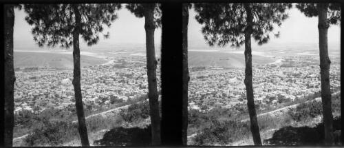 [Coastal city with port, trees foreground ca. 1940-1946] [picture] : [Petra Valley, Jordan] / [Frank Hurley]