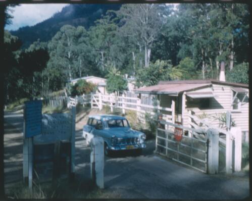 [Border gate with Mount Lindesay in background and 1960s Holden station wagon at gate,  1] [transparency] / [Frank Hurley]