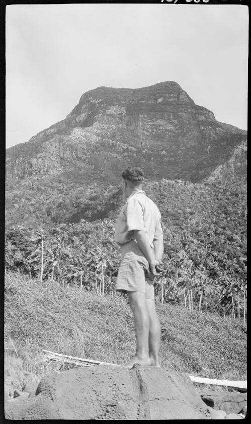 [Unidentified man looking up at Mount Lidgbird, Lord Howe Island] [picture] / [Frank Hurley]
