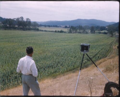 [Rural landscape scene with unidentified man and camera on tripod] [transparency] / [Frank Hurley]