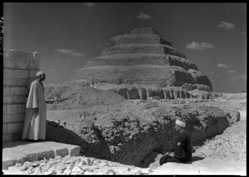Step Pyramid Sakkara [with two figures] [picture] : [Cairo, Egypt, World War II] / [Frank Hurley]