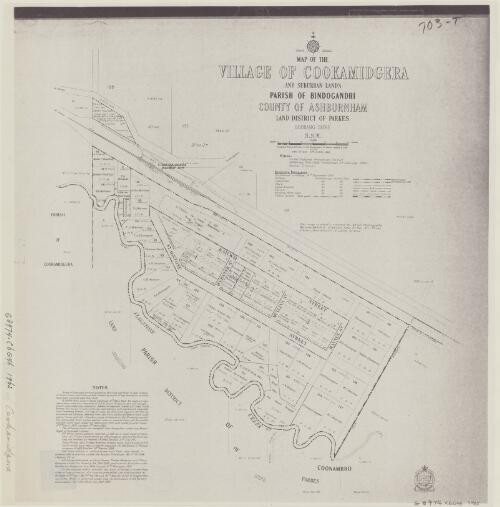 Map of the village of Cookamidgera and suburban lands [cartographic material] : Parish of Bindogandri, County of Ashburnham, Land District of Parkes, Goobang Shire, N.S.W. / compiled, drawn & printed at the Department of Lands, Sydney, N.S.W