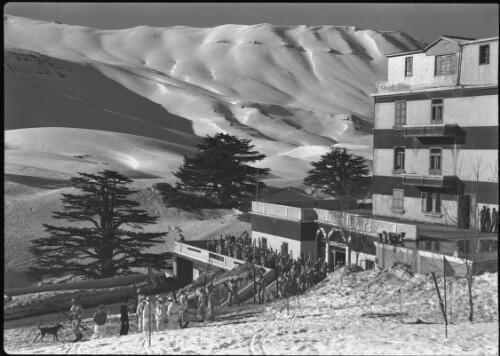 The Cedars in the Lebanons Syria [skiers, lodge and mountains] [picture] : [Lebanon, World War II] / [Frank Hurley]