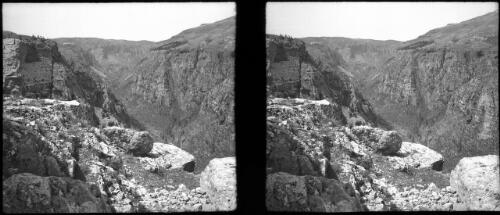 Looking down gorge of Wady Qadisha [Kadisha] from near Hasroun [picture] : [Lebanon, World War II] / [Frank Hurley]