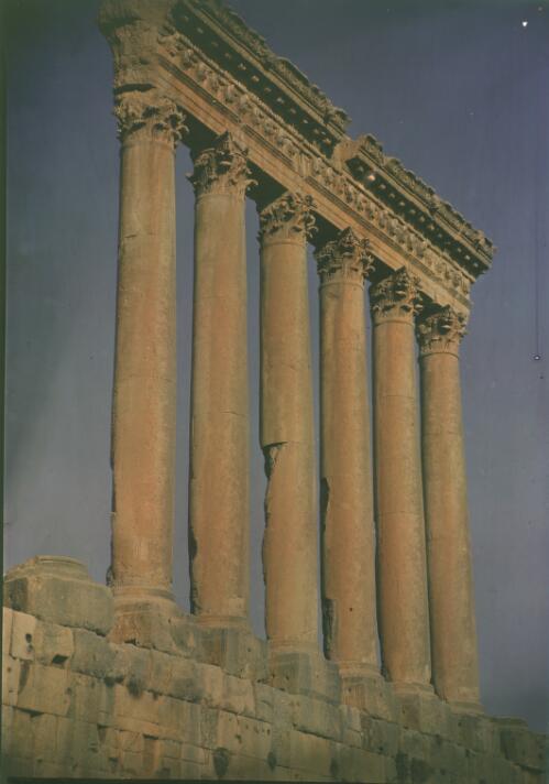 [The six remaining columns of the Temple of Jupiter with their ornate entableture, Baalbek] [picture] : [Lebanon, World War II] / [Frank Hurley]