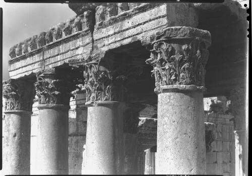 Temple Bacchus Baalbek [detail of entableture and capitals of columns surrounding the cella] [picture] : [Lebanon, World War II] / [Frank Hurley]