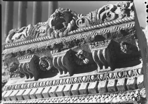 Roof cornice showing richness of carving, Temple Jupiter Baalbek [picture] : [Lebanon, World War II] / [Frank Hurley]